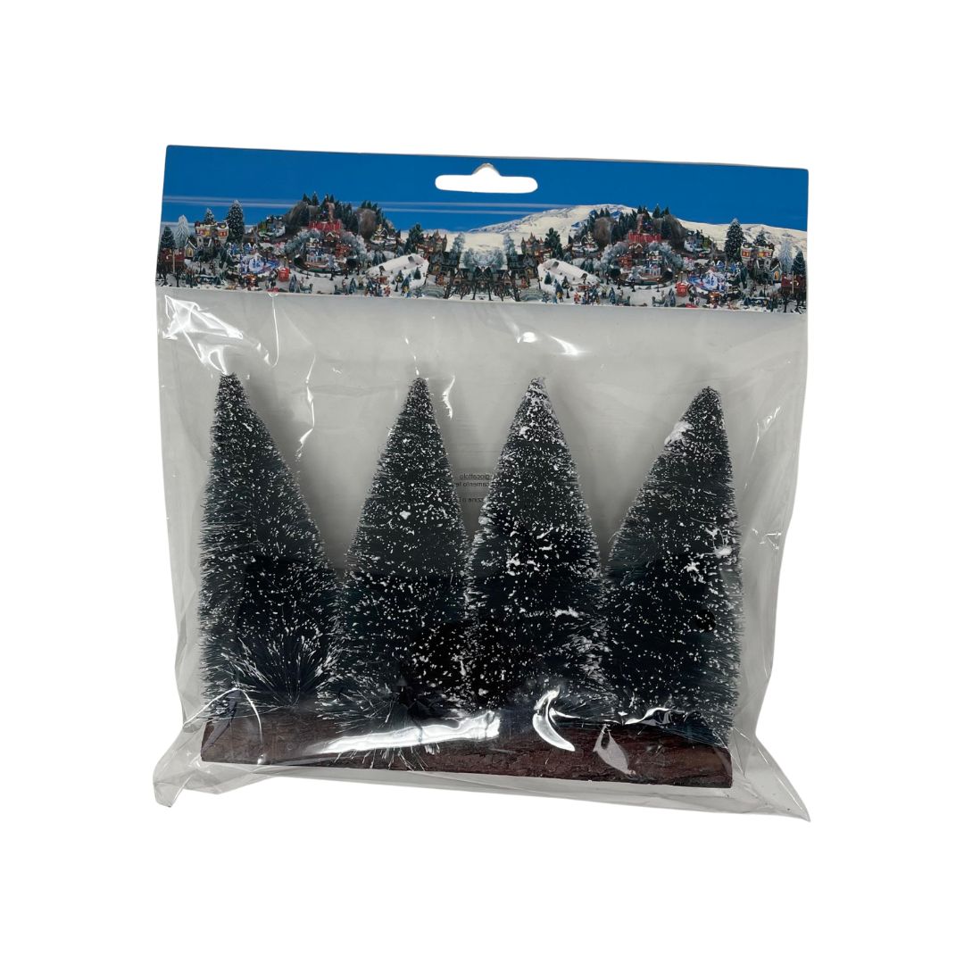Set di quattro alberi in miniatura confezionati in plastica trasparente, decorazioni per villaggi natalizi.