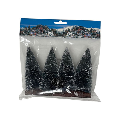 Set di quattro alberi in miniatura confezionati in plastica trasparente, decorazioni per villaggi natalizi.
