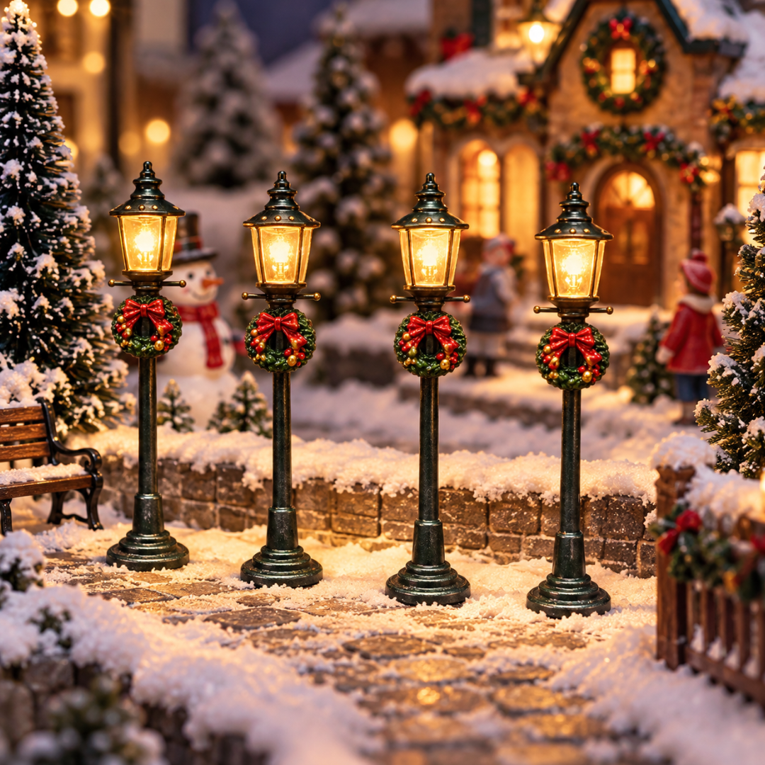 Set di 4 lampioni natalizi illuminati disposti lungo un vialetto innevato di un villaggio di Natale, con case decorate, abeti e personaggi sullo sfondo