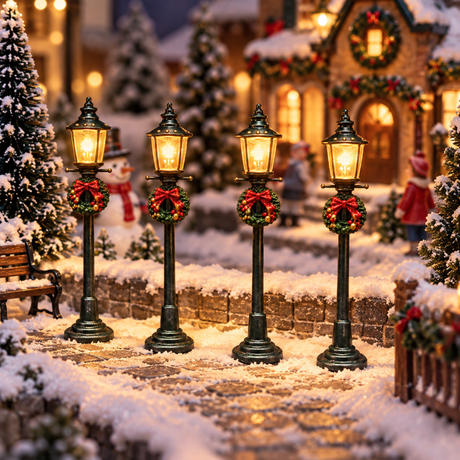 Set di 4 lampioni natalizi illuminati disposti lungo un vialetto innevato di un villaggio di Natale, con case decorate, abeti e personaggi sullo sfondo