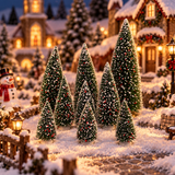 Set di 9 alberi innevati con bacche rosse ambientati in un villaggio natalizio, tra vialetti innevati, case illuminate, lampioni e pupazzo di neve