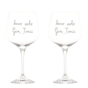 Set di due calici in vetro con scritta bianca serigrafata "bevo solo Gin Tonic".