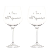 Set di due calici in vetro con scritta bianca serigrafata "è l'ora dell'Aperitivo".