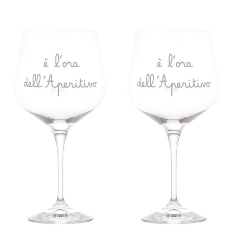 Set di due calici in vetro con scritta bianca serigrafata "è l'ora dell'Aperitivo".