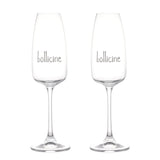Set di due calici flute in vetro con scritta serigrafata bianca "bollicine".