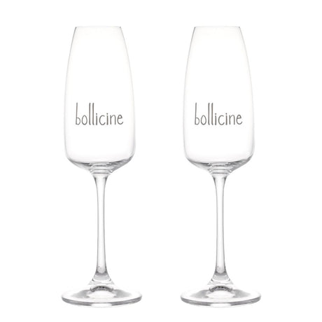 Set di due calici flute in vetro con scritta serigrafata bianca "bollicine".