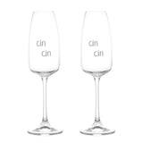 Set di due calici flute in vetro con scritta serigrafata bianca "cin cin".