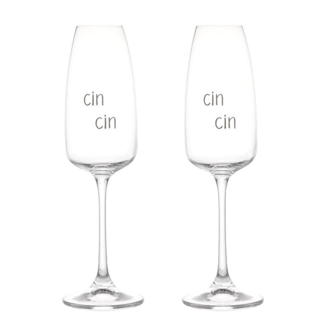 Set di due calici flute in vetro con scritta serigrafata bianca "cin cin".