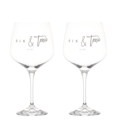 Set di due calici in vetro con scritta bianca serigrafata "Gin&Tonic".