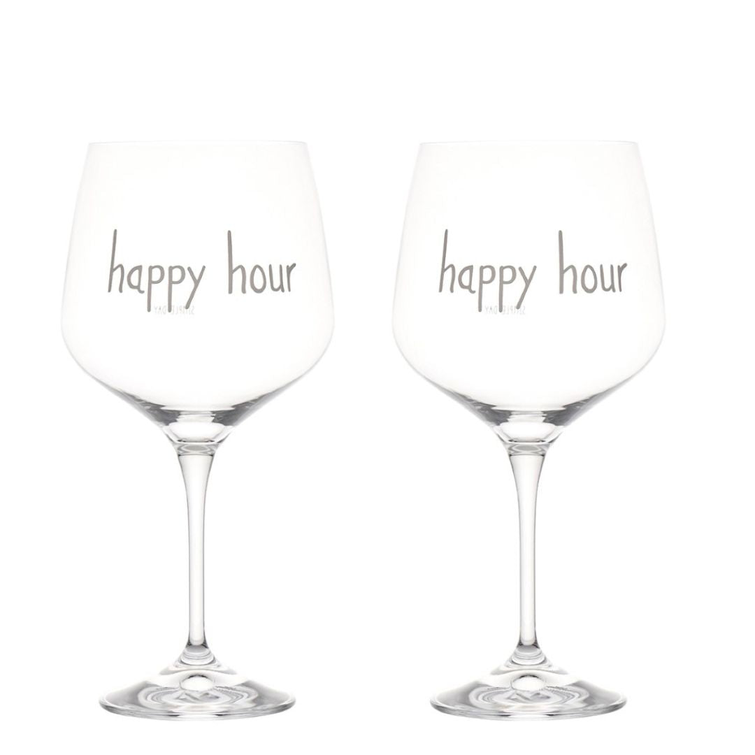 Set di due calici in vetro con scritta bianca serigrafata "happy hour".