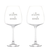 Set di due calici per vino in vetro con scritta bianca serigrafata "un'ottima annata".