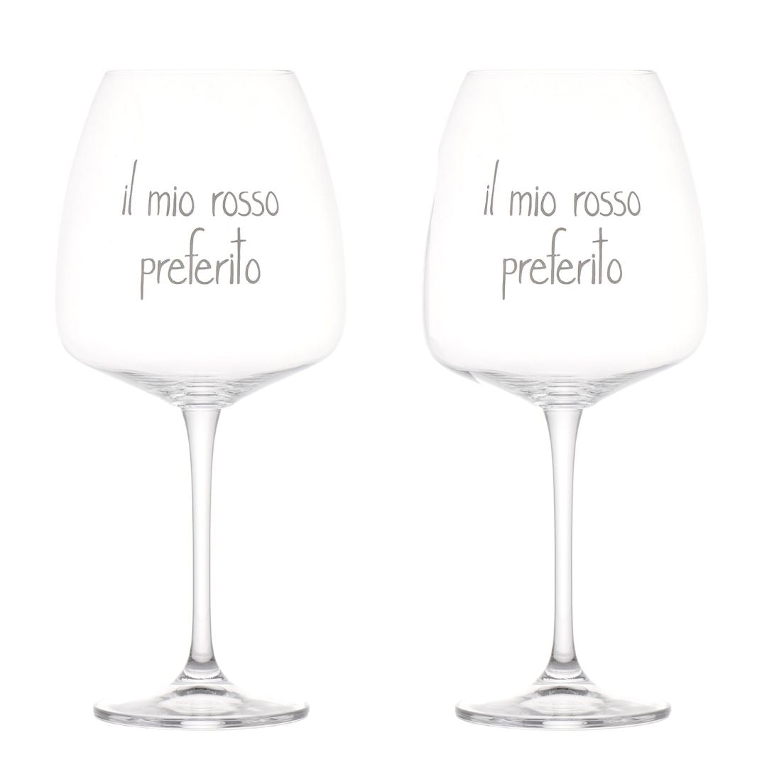 Set di due calici per vino in vetro con scritta bianca serigrafata "il mio rosso preferito".