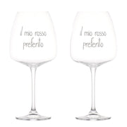 Set di due calici per vino in vetro con scritta bianca serigrafata "il mio rosso preferito".