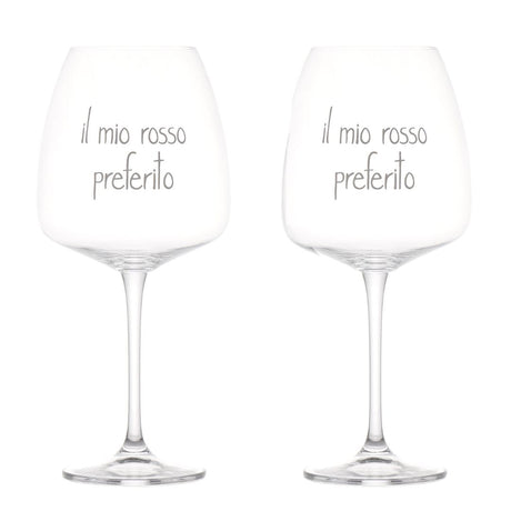 Set di due calici per vino in vetro con scritta bianca serigrafata "il mio rosso preferito".