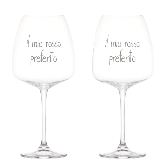 Set di due calici per vino in vetro con scritta bianca serigrafata "il mio rosso preferito".