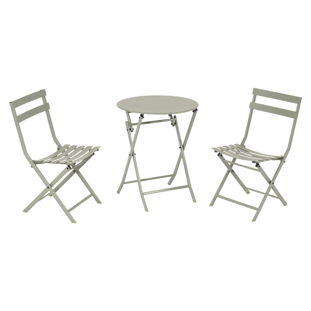 Set click da esterno verde salvia con tavolo rotondo pieghevole e due sedie coordinate