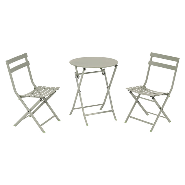 Set click da esterno verde salvia con tavolo rotondo pieghevole e due sedie coordinate