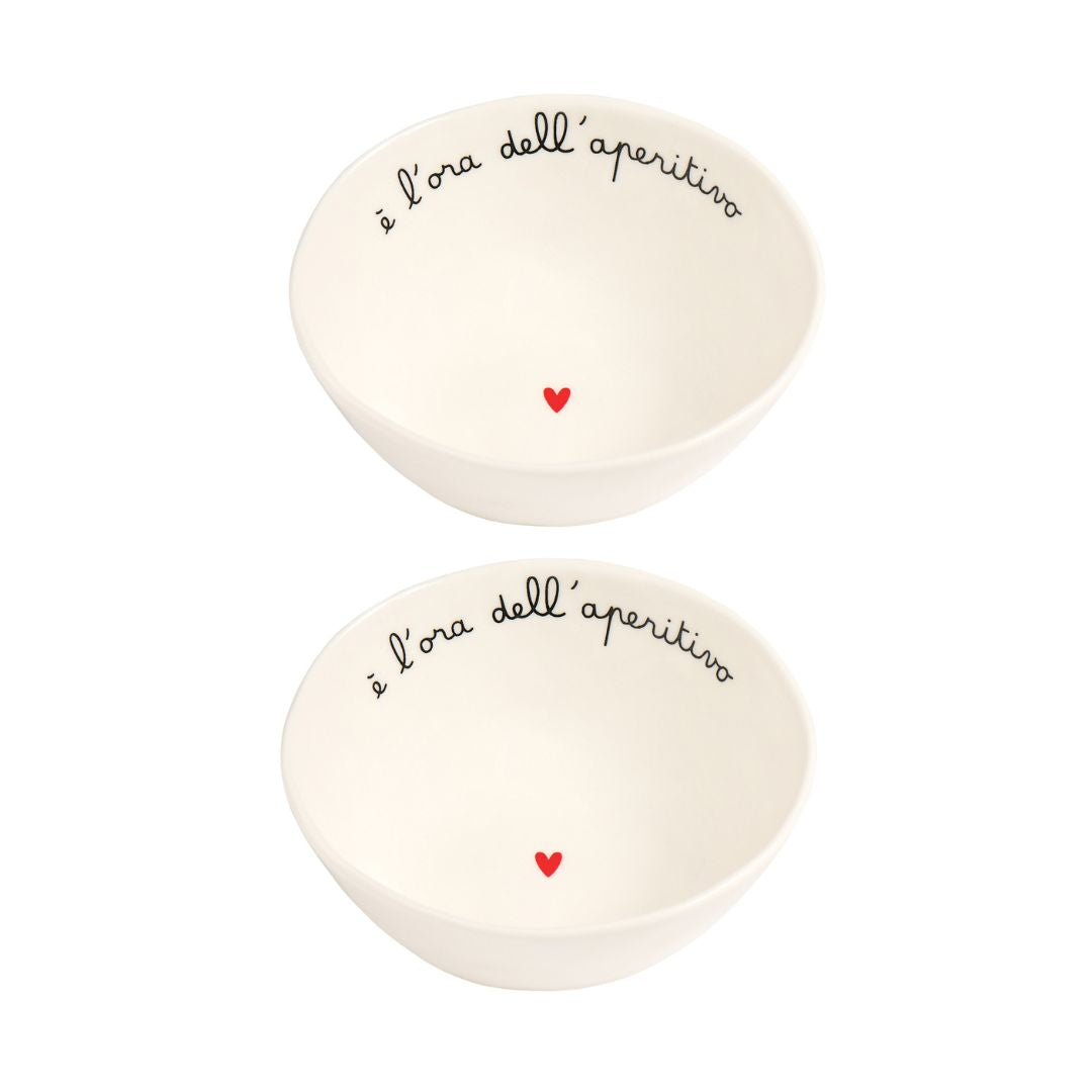 Set di due coppette in gres con scritta "è l'ora dell'aperitivo".