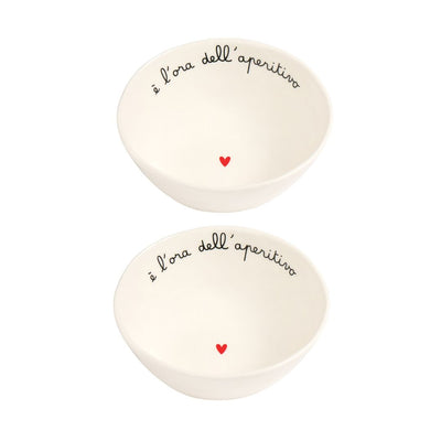 Set di due coppette in gres con scritta "è l'ora dell'aperitivo".