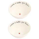 Set di due ciotole in gres con scritta "insieme è tutto più buono" e cuoricino rosso.