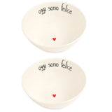 Set di due ciotole in gres con scritta "oggi sono felice" e cuoricino rosso.