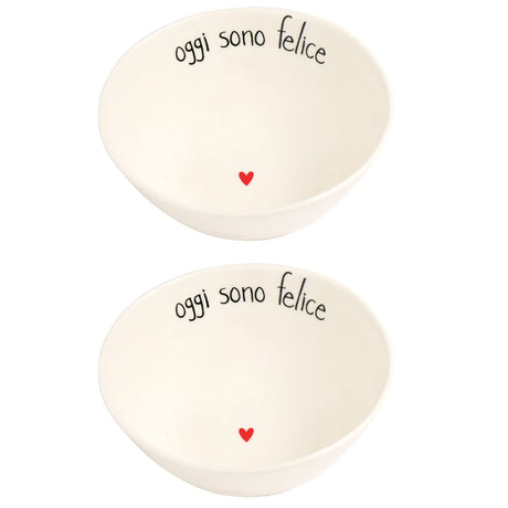 Set di due ciotole in gres con scritta "oggi sono felice" e cuoricino rosso.