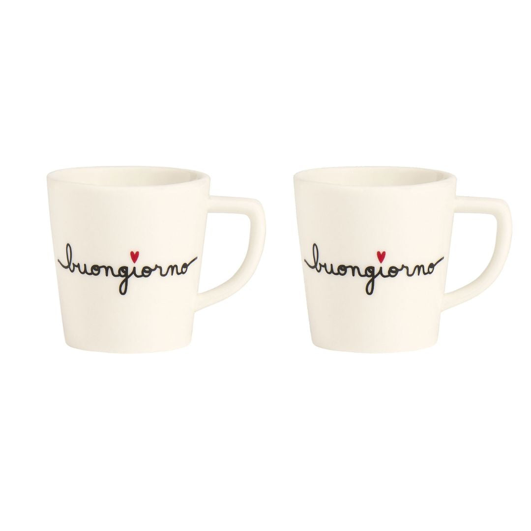 Set di due tazzine per espresso in grès con scritta nera "buongiorno".