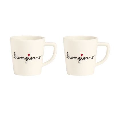Set di due tazzine per espresso in grès con scritta nera "buongiorno".