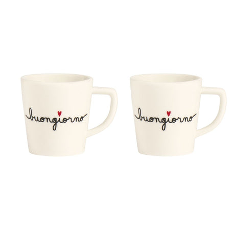 Set di due tazzine per espresso in grès con scritta nera "buongiorno".