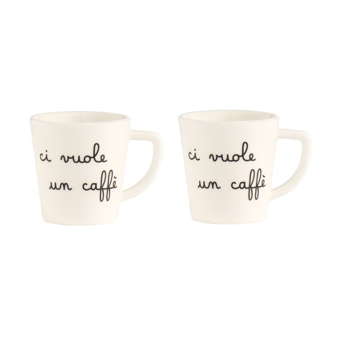Set di due tazzine per espresso in grès con scritta nera "ci vuole un caffè".
