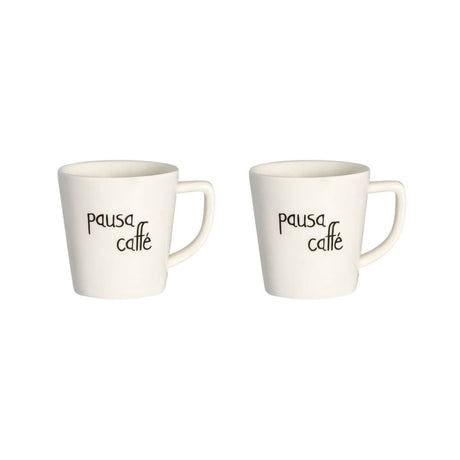 Set di due tazzine per espresso in grès con scritta nera "pausa caffè".
