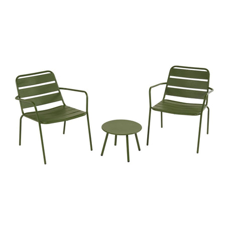 Set da esterno in ferro color verde scuro con due sedie con braccioli e tavolino rotondo coordinato.