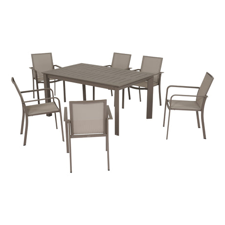 Set da pranzo da esterno color tortora con tavolo chiuso e sei sedie con braccioli