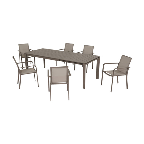 Set da pranzo da esterno color tortora con tavolo allungabile aperto e sei sedie con braccioli