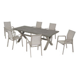 Set pranzo da giardino con tavolo rettangolare color champagne e sei sedie coordinate con braccioli