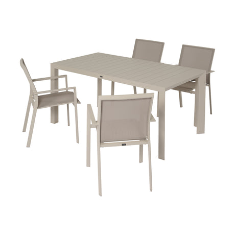 Set pranzo da giardino color tortora con tavolo rettangolare fisso e quattro sedie coordinate