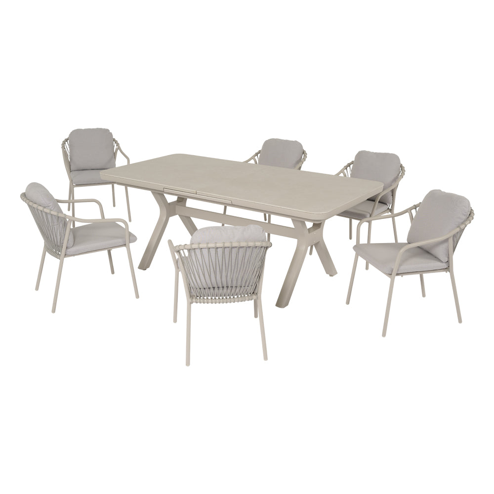 Set pranzo da giardino Nora con tavolo chiuso e sei poltrone coordinate color crema