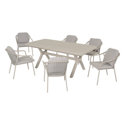 Set pranzo da giardino Nora con tavolo chiuso e sei poltrone coordinate color crema