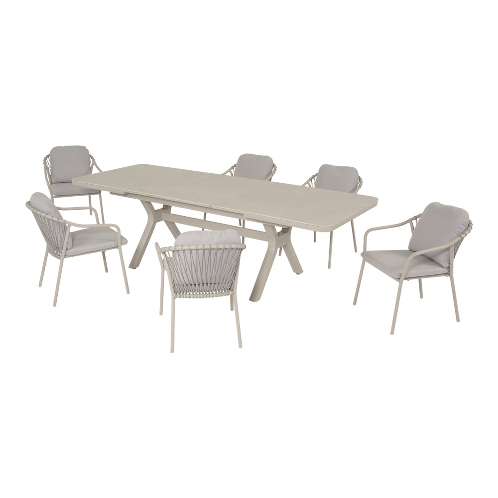 Set pranzo da giardino Nora con tavolo allungabile aperto e sei poltrone coordinate color crema