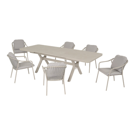 Set pranzo da giardino Nora con tavolo allungabile aperto e sei poltrone coordinate color crema