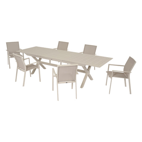 Set pranzo da giardino Nox con tavolo allungabile aperto e sei sedie coordinate color crema