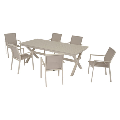 Set pranzo da giardino Nox con tavolo chiuso e sei sedie coordinate color crema