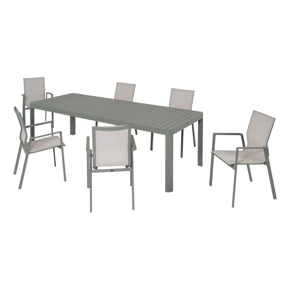 Set pranzo da giardino Vision con tavolo allungabile aperto e quattro sedie coordinate verde salvia
