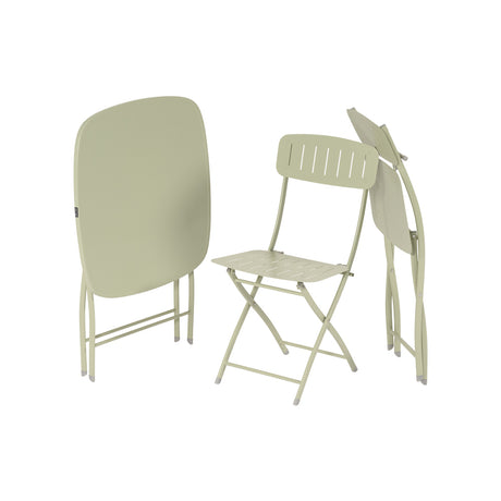 Set spaceup da esterno verde salvia con tavolo chiuso, una sedia aperta e una chiusa