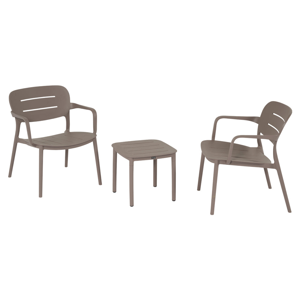 Set da esterno terry taupe con due sedie coordinate e tavolino quadrato