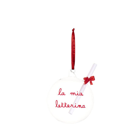 Sfera in vetro con diametro 12 cm, foro per inserire messaggi e scritta rossa "la mia letterina".