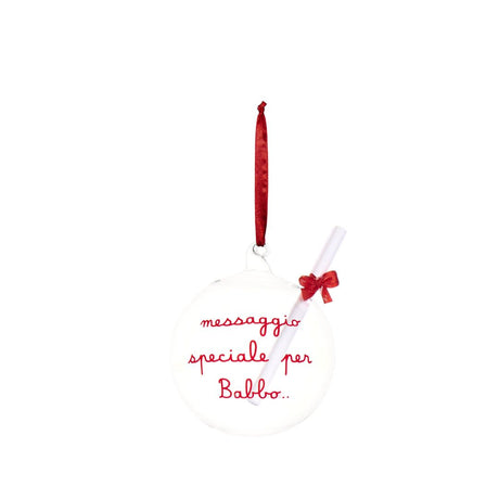 Sfera in vetro con diametro 12 cm, foro per inserire messaggi e scritta rossa "messaggio speciale per Babbo..".