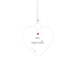 Pallina a forma di cuore in vetro trasparente con cordino bianco e scritta "sei speciale".