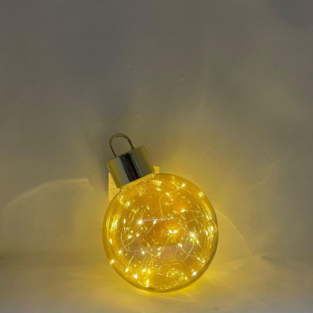 Sfera decorativa luminosa color champagne con micro LED a luce calda all’interno e tappo dorato lucido con diametro 20cm.
