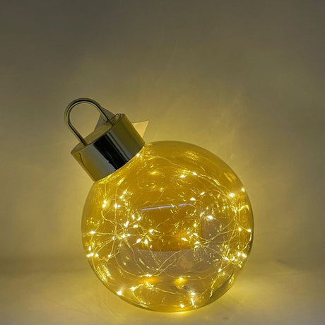 Sfera decorativa luminosa color champagne con micro LED a luce calda all’interno e tappo dorato lucido con diametro 25cm.